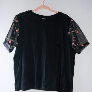 H&M Black Tee with Floral Lace Sleeves